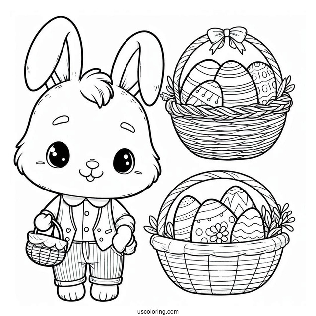 Smiling Bunny Holding A Basket Of Easter Coloring Page Of Eggs For Kids