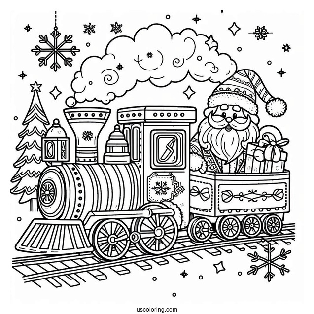 Coloring Page Of a Christmas Train With Santa