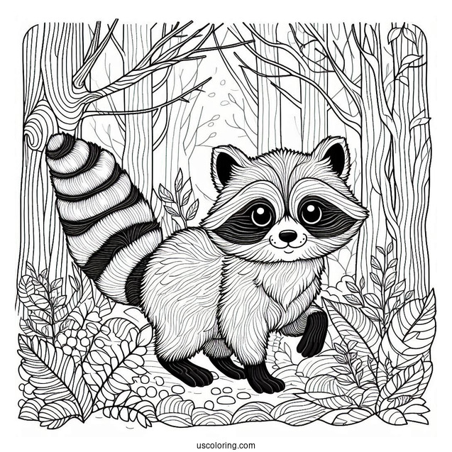 Adult Raccoon Coloring Page In A Forest