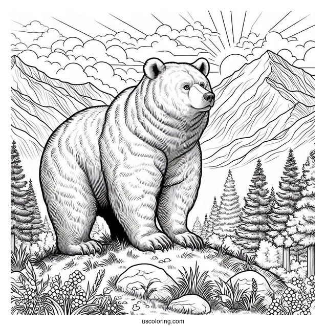 Realistic Bear Coloring Page Standing Up In Mountainside