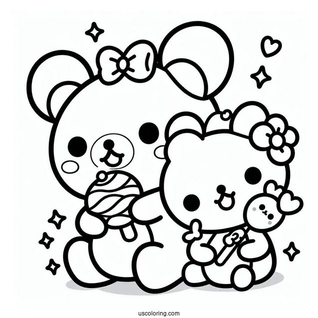 Kawaii Korilakkuma And Kiiroitori Eating Lollipop On Top Of Rilakkuma Coloring Page