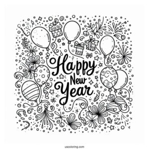 Happy New Year Coloring Page Of Confetti And Balloons