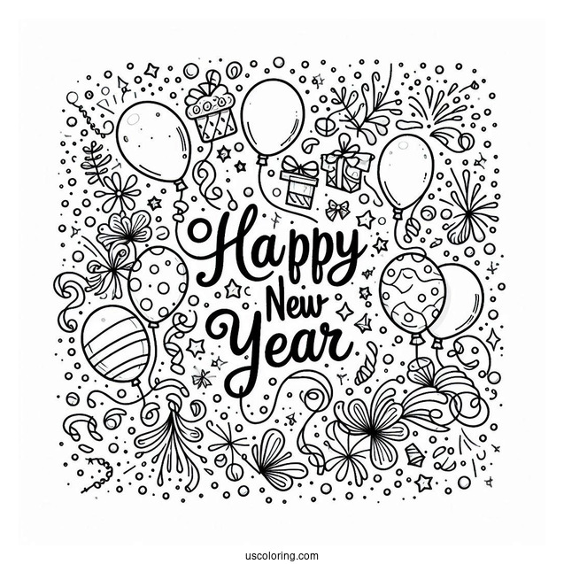 Happy New Year Coloring Page Of Confetti And Balloons