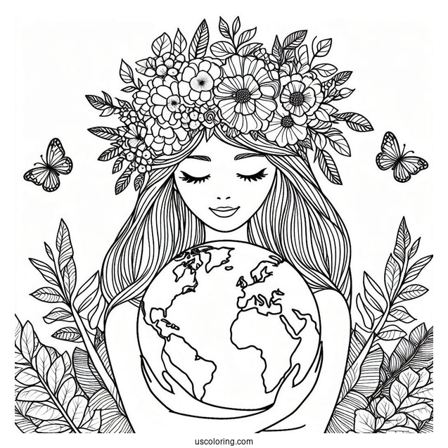 Woman With Flower Crown Hugging Earth Coloring Sheet