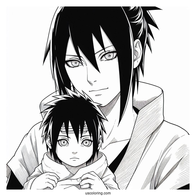 Adult Uchiha Sasuke Coloring Page Holding Baby Sarada