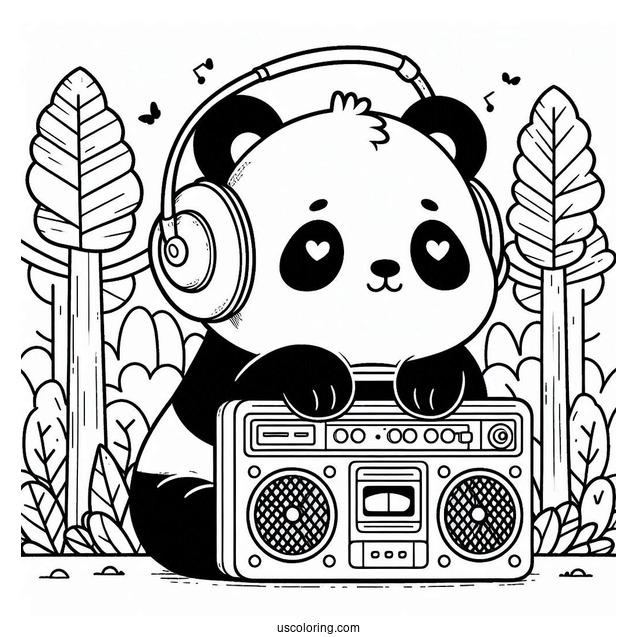Retro Forest Panda Coloring Page Listening to Boombox