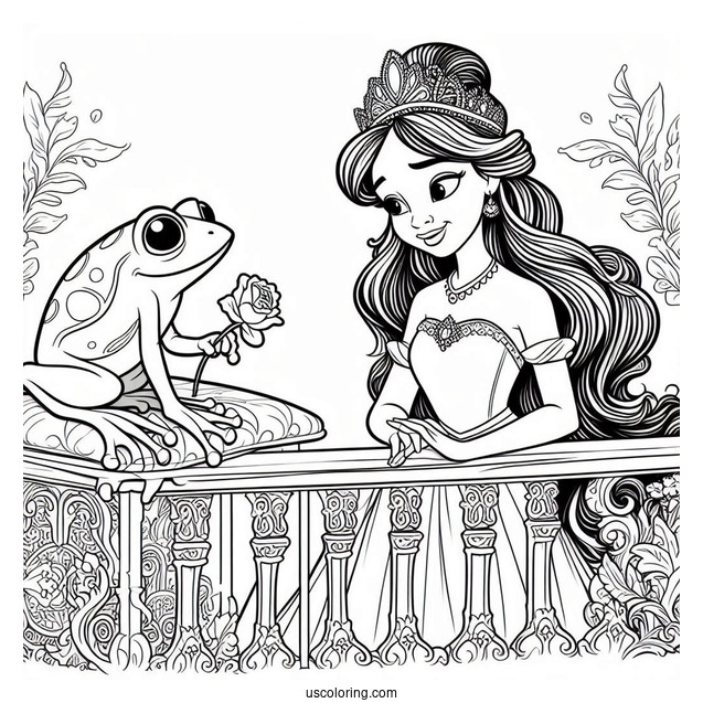 Tiana, Ray, And Frog Prince Naveen On Balcony Coloring In