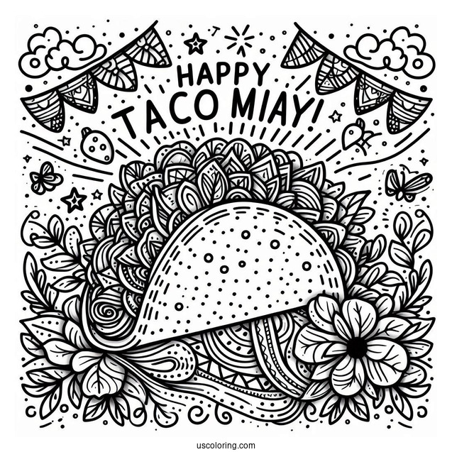 Taco With Happy Cinco De Mayo Greeting Coloring Sheet