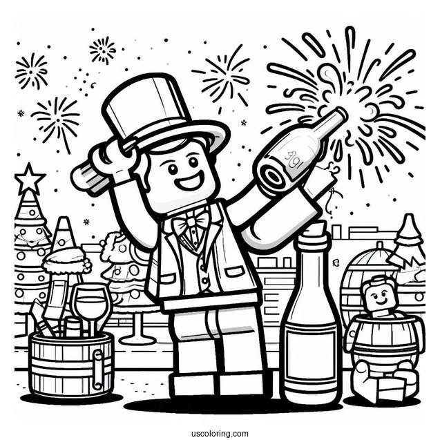 Lego Man Popping A Wine Bottle On New Year Coloring Page