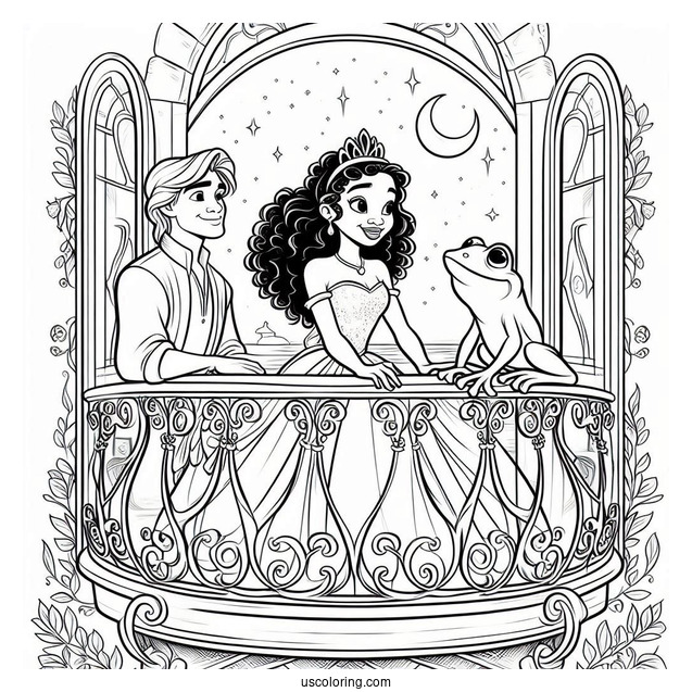 Tiana, Ray, And Frog Prince Naveen On Balcony Coloring In