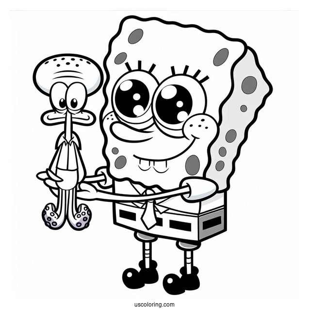 Cute SpongeBob Holding Squidward Coloring Page For Kids