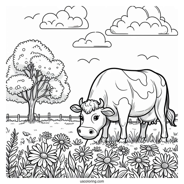 Daisy Cow Grazing In Field Coloring Page