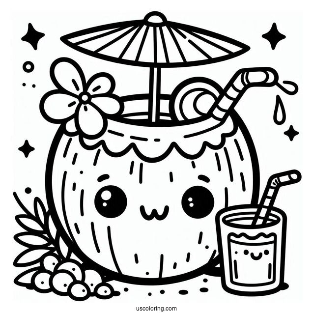 Cute Smiling Coconut Coloring Page Drink With Flower And Mini Umbrella For Kids