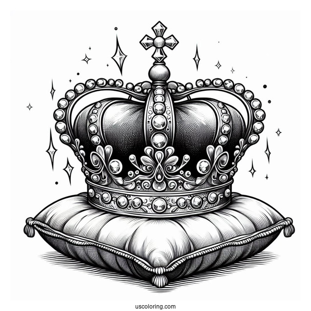 Sparkling Royal Crown Coloring Page on Velvet Pillow