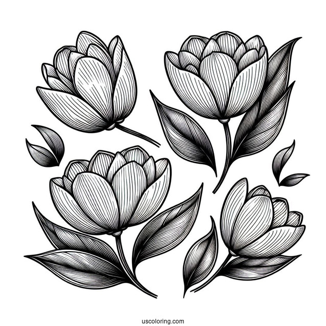 Flower Coloring Pages Of Four Blooming Tulips For Kids
