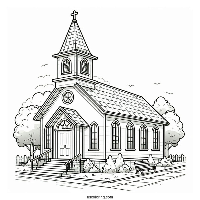 Angled View Of A Small Church Coloring Page Building