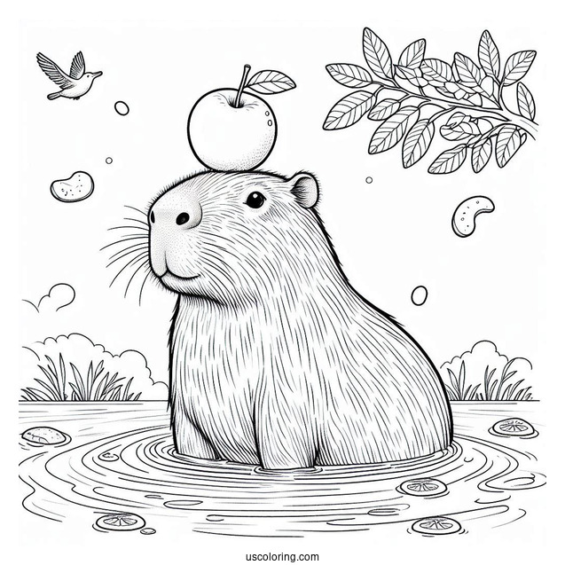 Capybara Coloring Page In The Water Balancing A Fruit On Its Head