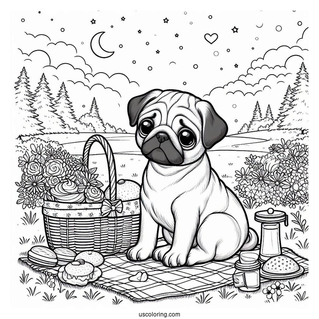 Peaceful Picnic with Pug Coloring Page Of Puppy