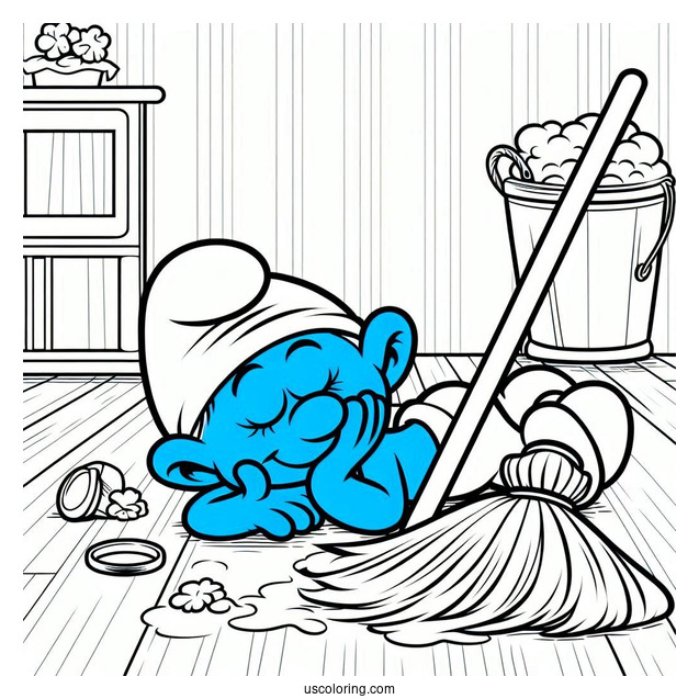 Lazy Smurf Napping While Sweeping Floor