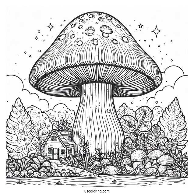 Massive Mushroom Coloring Page Growing Around A Small House