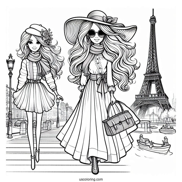 Fashionable Barbie Walkng In Paris Coloring Sheet
