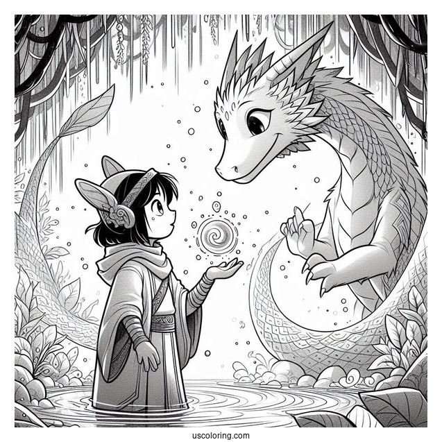 Raya And The Last Dragon Coloring Page Of Pengu Showing Water Magic To Sisu