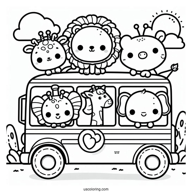 Kawaii Lion, Elephant, and Giraffe on School Bus Coloring Page For Kids