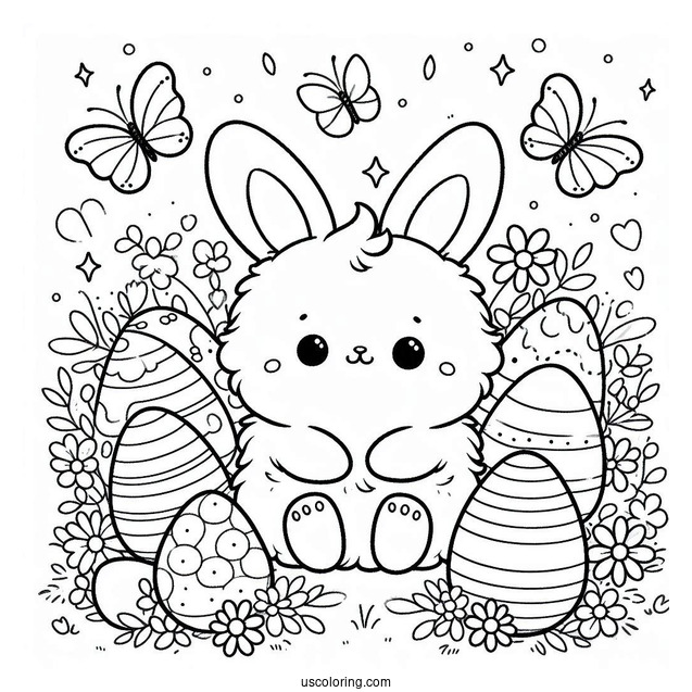 Easter Coloring Page Of Fluffy Kawaii Rabbit Surrounded By Easter Eggs