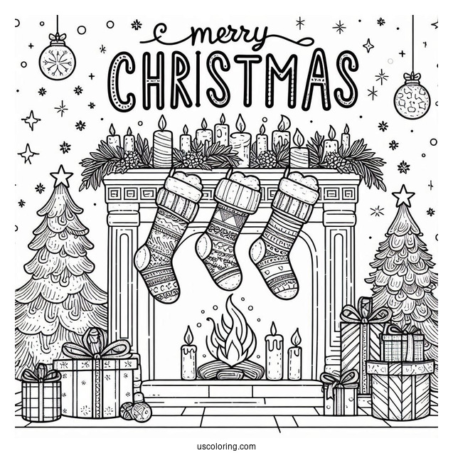 Christmas Coloring Pages For Adults Of Merry Christmas Words On Top Of Fireplace With Stockings