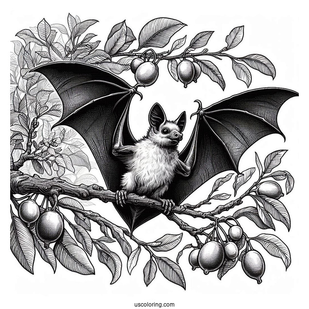 Close Up Of Realistic Bat Coloring Page Roosting On Fruit Tree