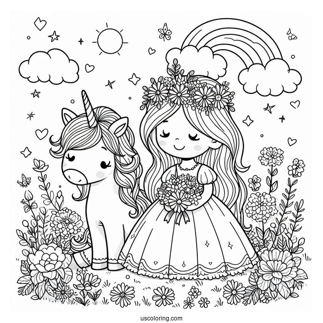 Cute Coloring Page Princess And Unicorn Sitting On A Flower Field