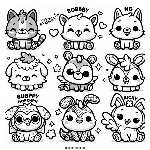 Smiling Critters Coloring Page Of CatNap, DogDay, Bobby BearHug, Bubba Bubbaphant, CraftyCorn, Hoppy Hopscotch, KickinChicken, And PickyPiggy