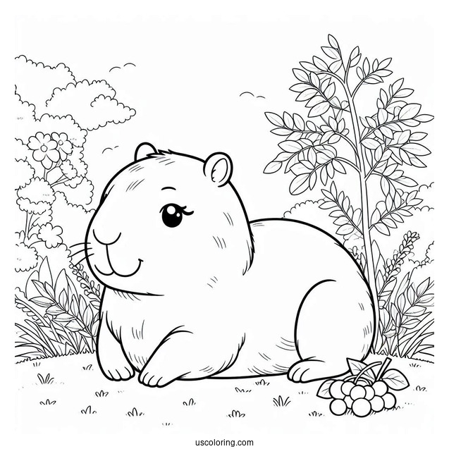Kawaii Capybara Coloring Page Resting In Garden For Kids