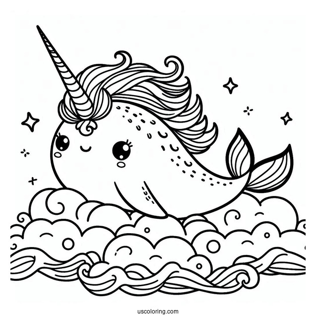 Narwhal Coloring Page With Pretty Mane In The Clouds For Kids