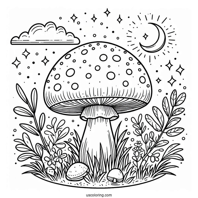 Easy Fly Agaric Mushroom Coloring Page Surrounded By Grass For Kids