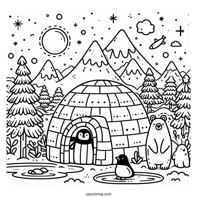 Igloo, Penguins, And Polar Bears In The North Pole Coloring Page For Preschoolers