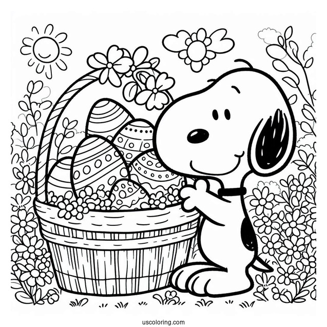 Snoopy Collecting Easter Coloring Page Of Eggs In The Garden
