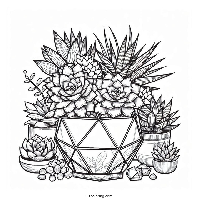 Succulent Coloring Page In Geometric Glass Terrarium