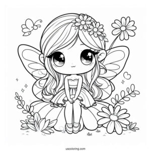 Chibi Coloring Page Fairy Sitting on a Flower For Kids