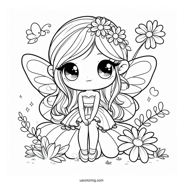 Chibi Coloring Page Fairy Sitting on a Flower For Kids
