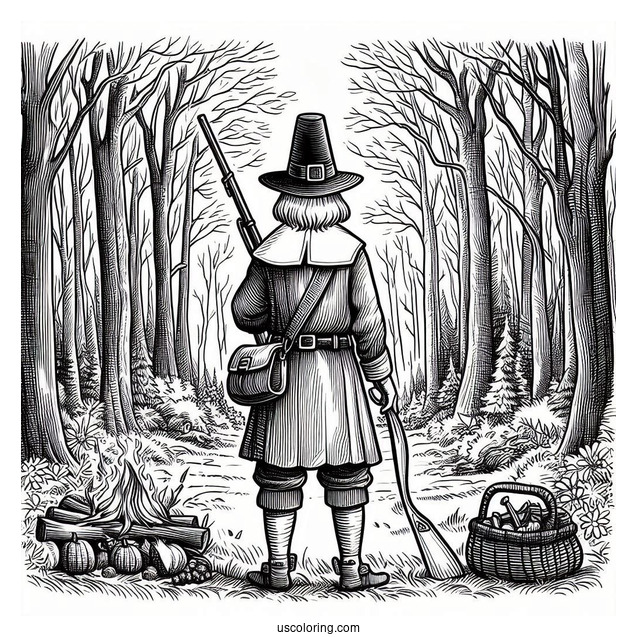 Pilgrim Coloring Page Holding A Musket In The Forest
