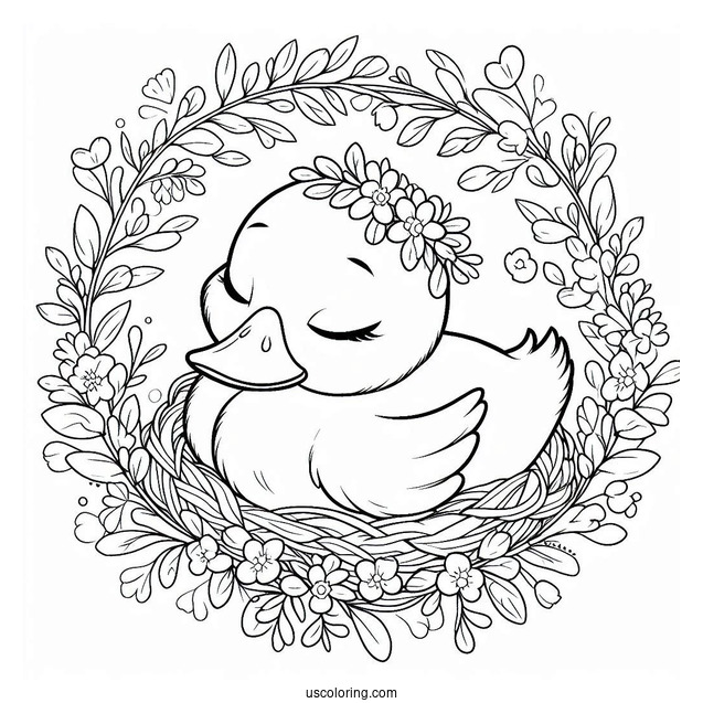Sleeping Duckling Inside A Flower Wreath
