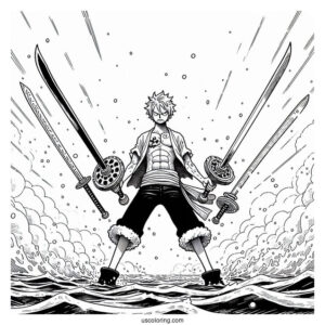 One Piece Coloring Page Of Zoro Using Three Swords In Battle