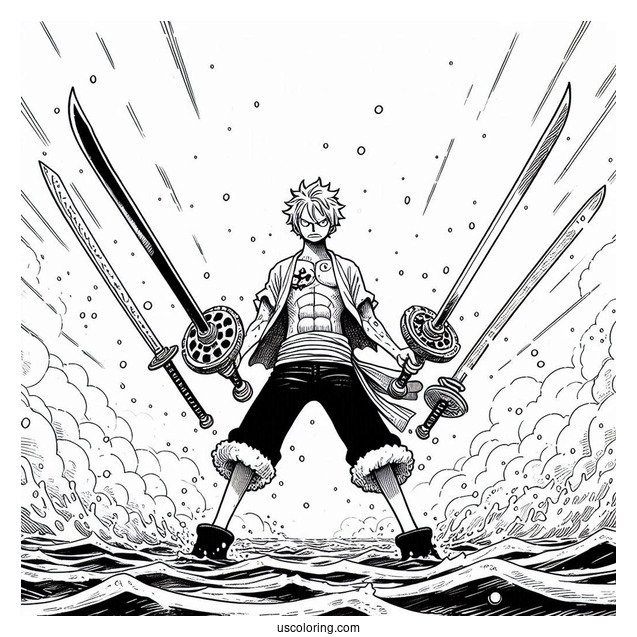One Piece Coloring Page Of Zoro Using Three Swords In Battle