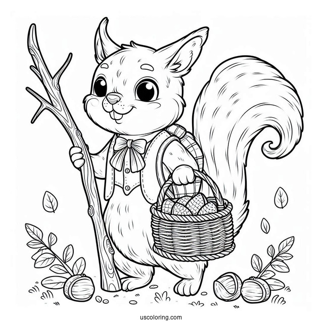 Squirrel Coloring Page Holding Stick And Wearing Basket For Collecting Nuts