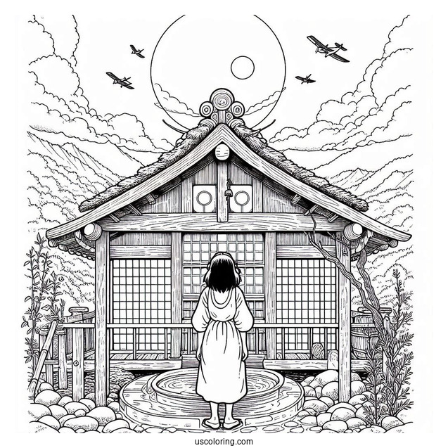 Studio Ghibli Coloring Page of Chihiro Standing In Front Of Bath House