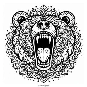 Roaring Bear Coloring Page With Sharp Teeth Mandala