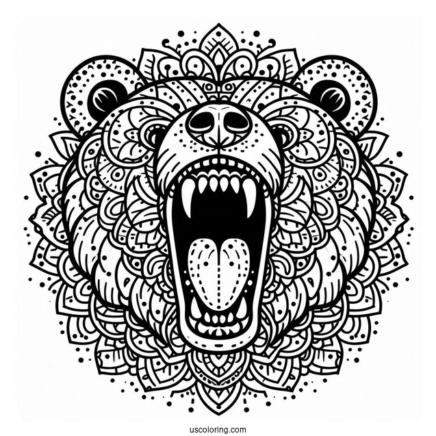 Roaring Bear Coloring Page With Sharp Teeth Mandala