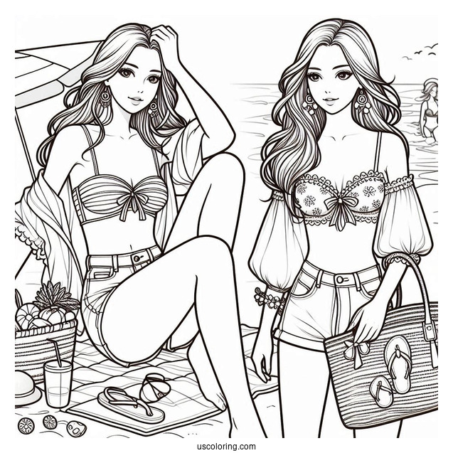 Beautiful Woman In A Summer Coloring Page Outfit At The Beach