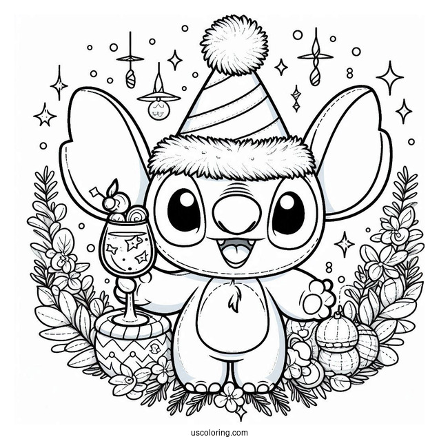 Stitch Wearing A Party Hat And Holding Up A Wineglass On The New Year Coloring Page